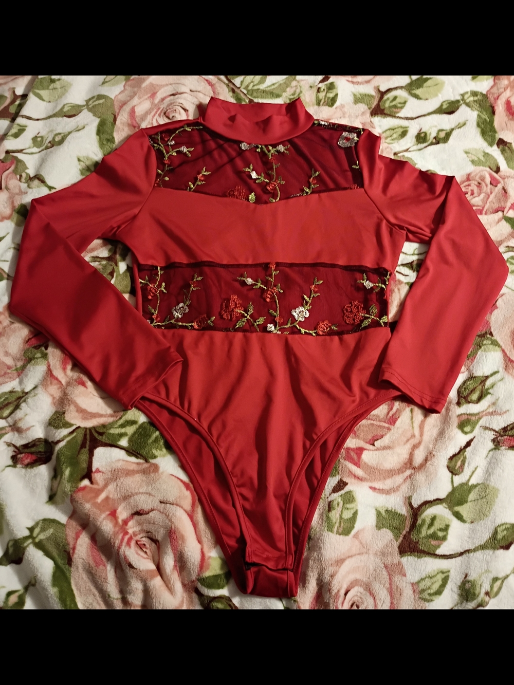 Red Long-Sleeve Embroidered Mesh Bodysuit